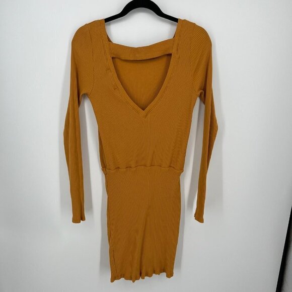 Free People Beach Womens On The Rooftop Mini Dress Size L Mustard Yellow Ribbed - Picture 2 of 11